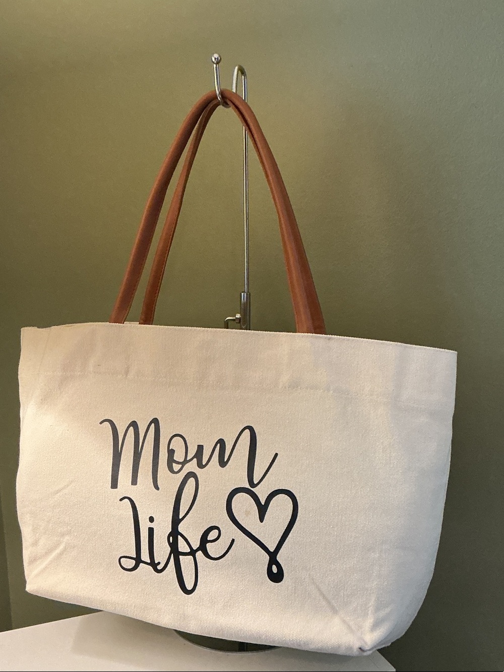Canvas "Mom Life" Large Tote Bag with Brown Faux Leather Handles